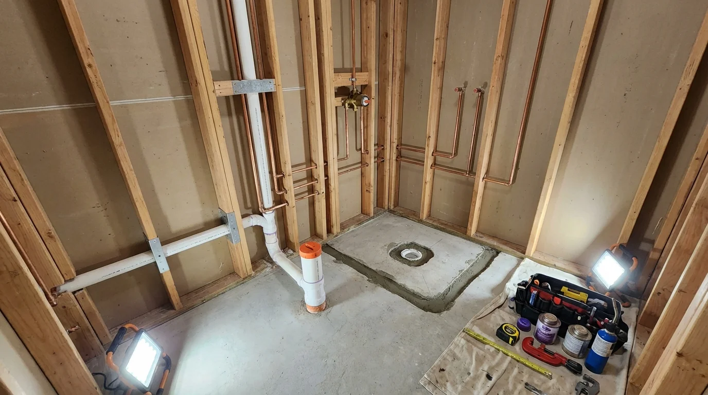 Bathroom rough-in plumbing during remodel by Johns Plumbing LLC in Madrid