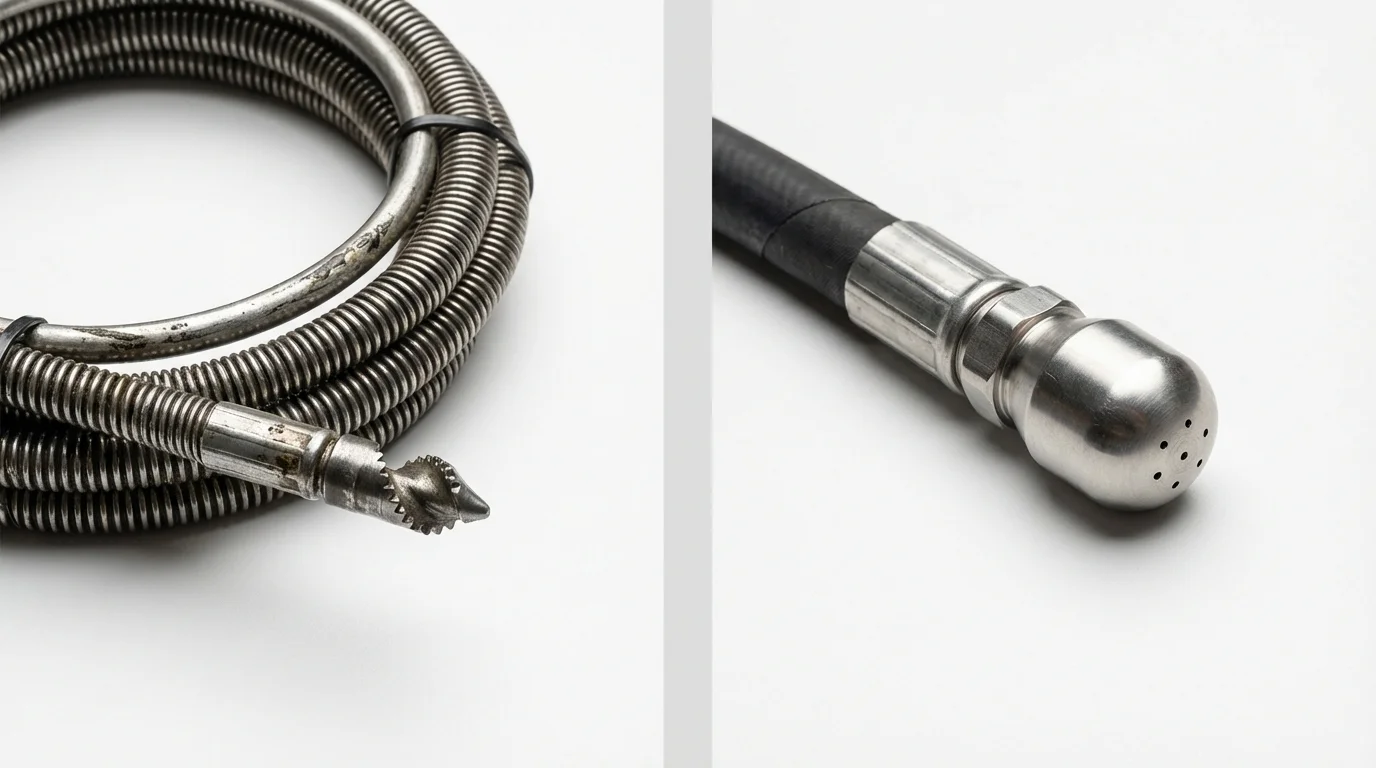 Drain snake cable and hydro jetting nozzle used for drain cleaning in Madrid, IA