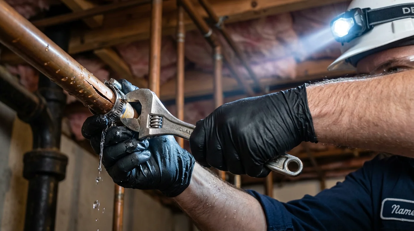 Emergency pipe clamp repair being performed by a Johns Plumbing LLC plumber in Madrid