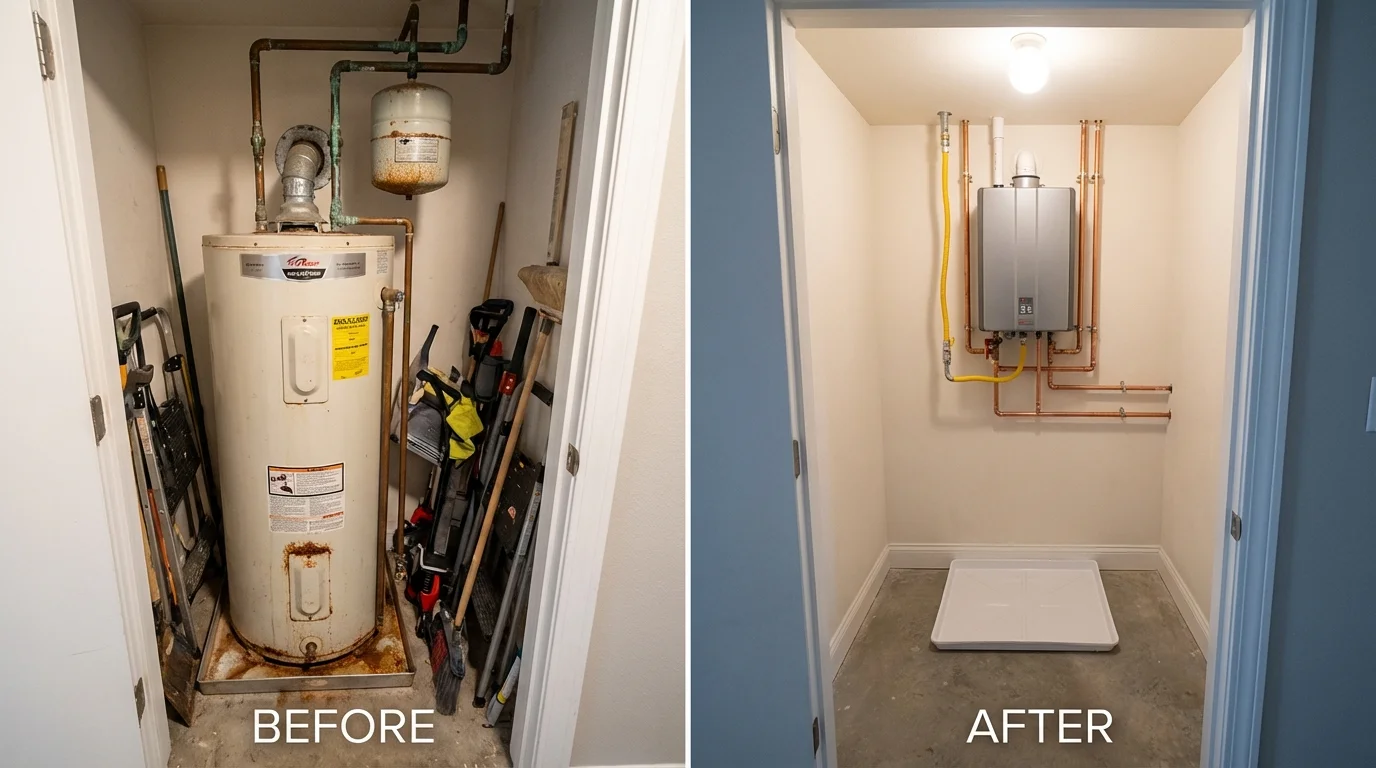 Tank water heater versus wall-mounted tankless unit comparison for Madrid, IA homeowners