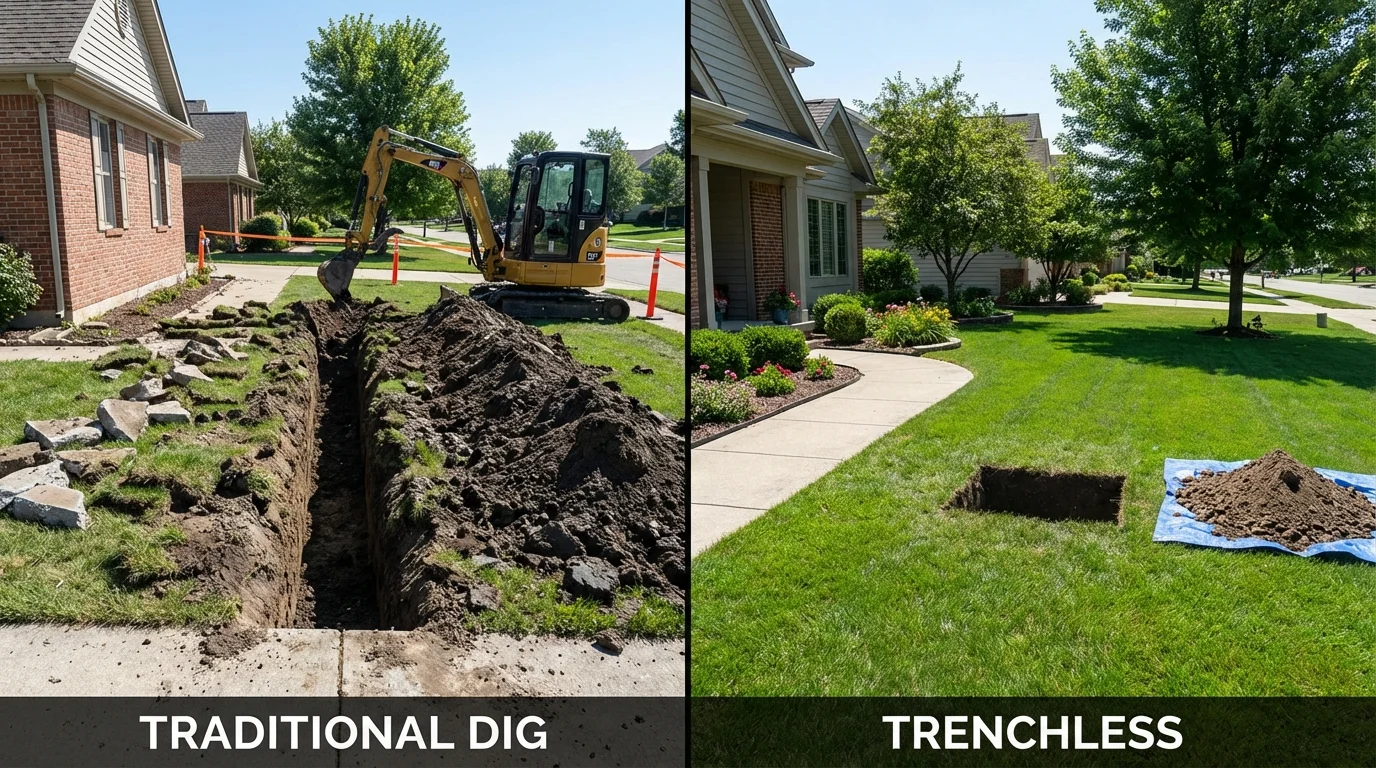 Trenchless sewer repair with minimal yard damage versus traditional excavation in Madrid, IA