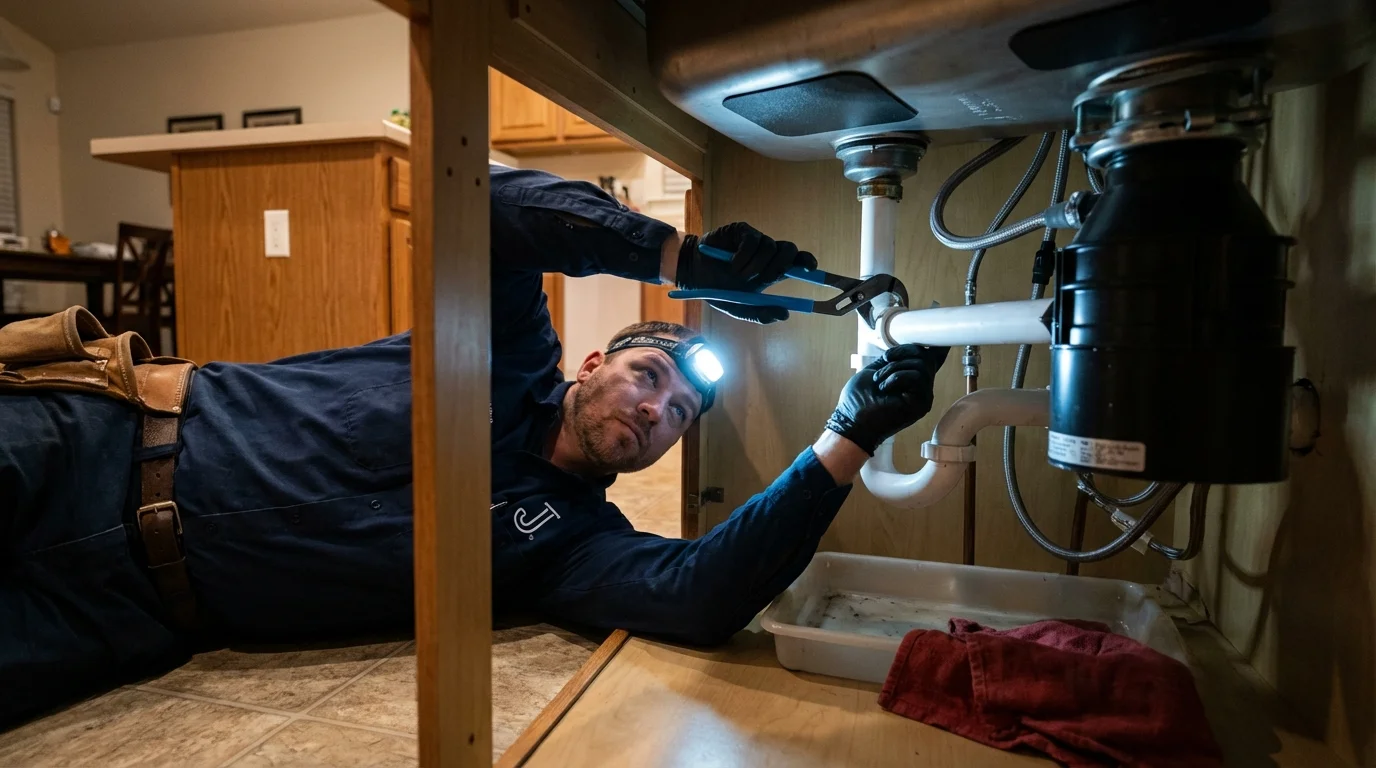P-trap and supply line connections under a kitchen sink showing a common leak point in Madrid, IA